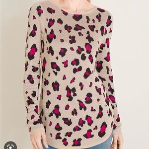 Chicos Sweater Womens 2 US Large Tan Pink Cheetah Pullover Boho Long Sleeve